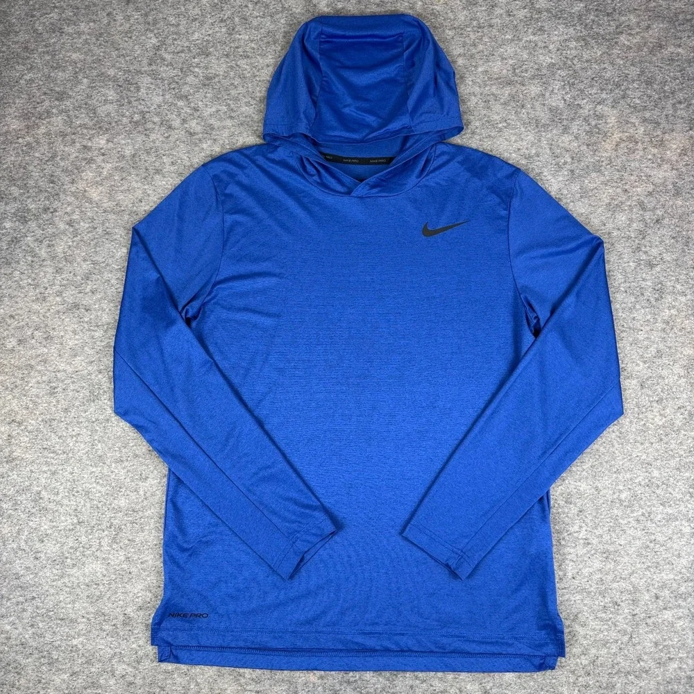 Nike Pro Dri Fit Hooded Shirt Long Sleeve Blue Mens Medium M